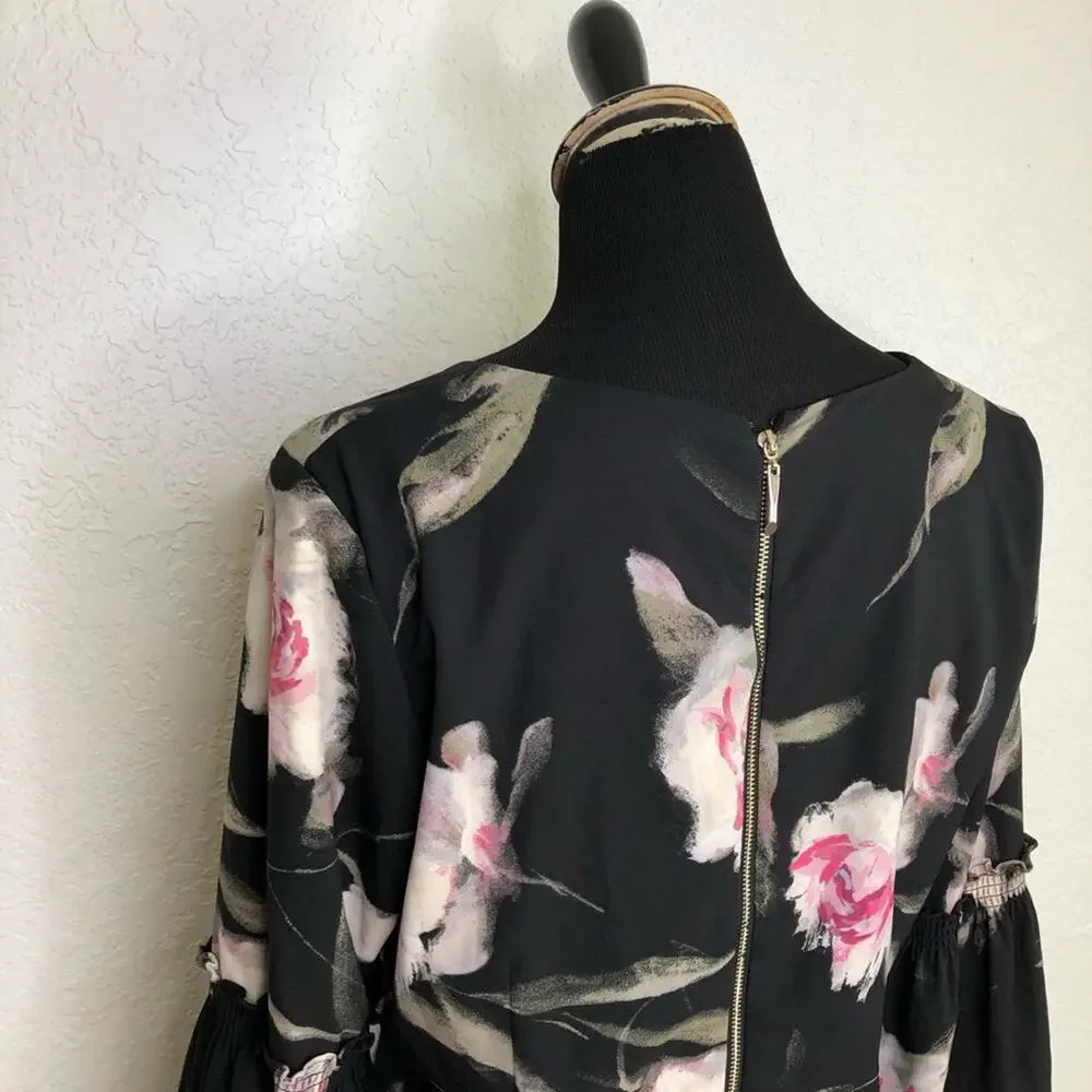 WHBM black pink floral v neck bell sleeve dress size 10